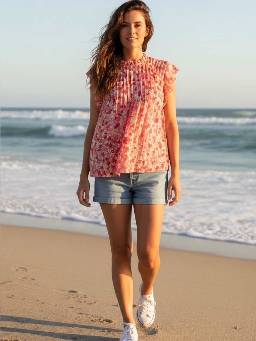 Nanette Lepore Pink Floral Pleated Cap Sleeve Blouse